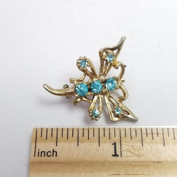 Vintage Little Blue Rhinestone Shaped Brooch, Gold Tone Insect Butterfly Moth - Picture 4 of 6